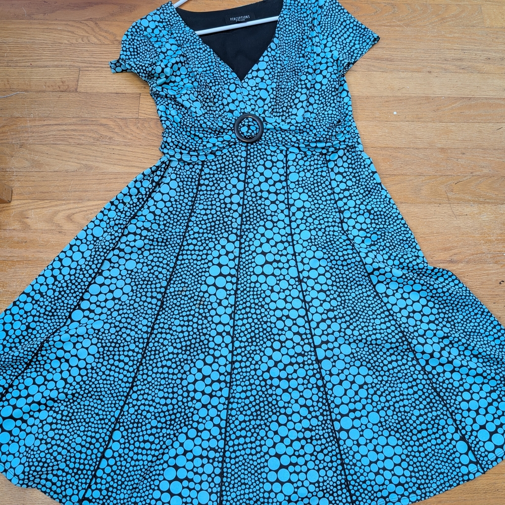 Blue Polka Dot Fit & Flare Dress with Belt